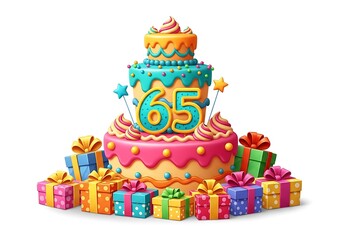 Layered cake with gifts for 65th birthday