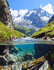 Alpine stream flowing into a mountain valley