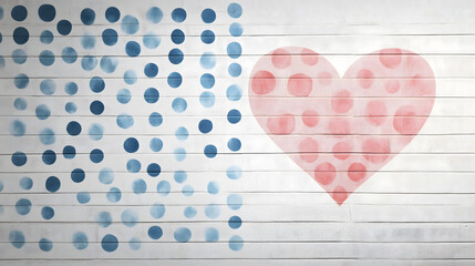 white wooden wall geometric design blue dots large pink heart patterns on the right. The semi transparent heart reveals the wood texture creating  charming contrast between structure and emotion.