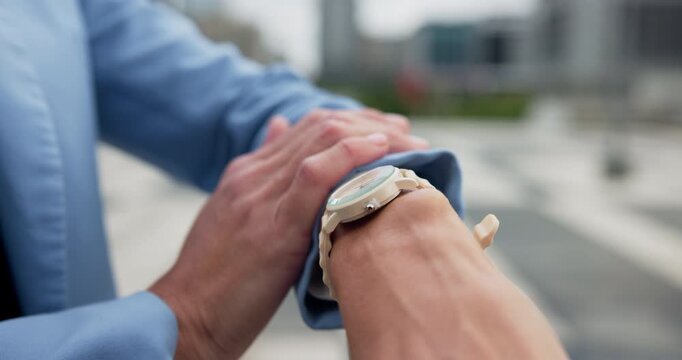 Business, hands and woman in city, watch and travel with morning commute, late and professional. Time management, closeup and person in street, journey and wait with schedule, appointment and delay