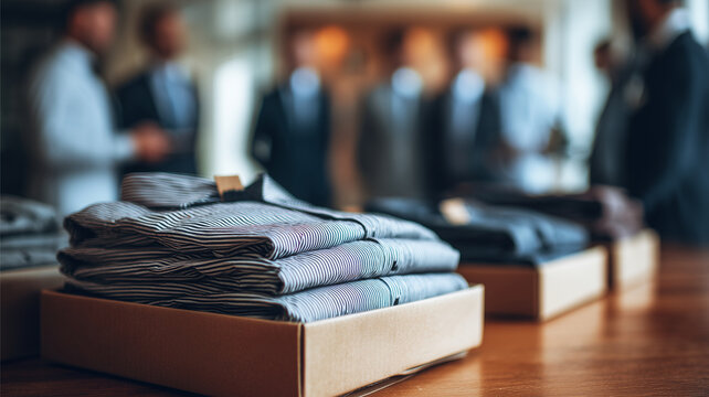 Neatly folded shirts in boxes on wooden table with blurred businesspeople in background, creating professional atmosphere