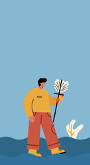 Stylized illustration of a person holding a leafy staff, walking through a natural, wavy landscape. Represents exploration, nature, and environmental awareness.