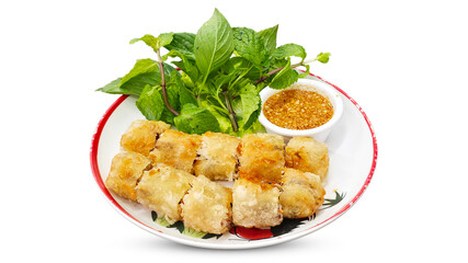 Fried spring rolls served with fresh herbs and sweet chili dipping sauce