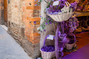 Traditional Lavender souvenir shop in historic village Valensole; Provence-Alpes-Cote d'Azur. Europe tourism or vacation travel concept.
