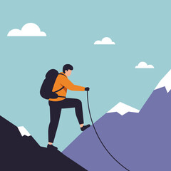 A determined hiker ascends a steep mountain peak, holding a rope with a backpack, under a clear sky. Represents adventure, challenge, and outdoor lifestyle.