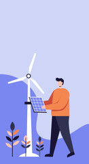 Man exploring renewable energy solutions with a wind turbine and solar panel. Represents sustainable living, eco-friendly future, and green technology innovation.