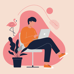 Young man working on his laptop in a modern, relaxed environment, illustrating remote work, freelance, or digital lifestyle. Perfect for business, tech, and leisure concepts.
