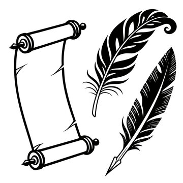 Black ink scroll and quill pens feather