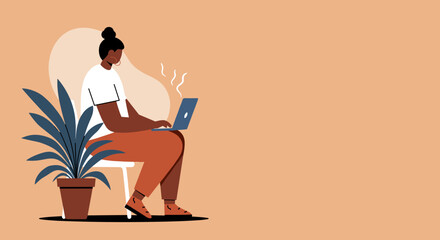 Young woman focused on remote work with laptop from a cozy home office, ideal for business, online learning, or modern lifestyle themes.