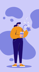 Stylized illustration of a person pouring a refreshing beverage between cups with a straw. Represents hydration, healthy routine, and modern lifestyle.