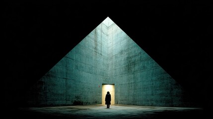 Person stands in a beam of light in a dark room under triangular opening, evocative and enigmatic