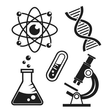 Black science icons atom dna beaker microscope test tube vector