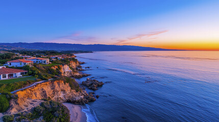 Obraz premium Breathtaking coastal view at sunrise, showcasing cliffs, ocean waves, and serene colors reflecting on water