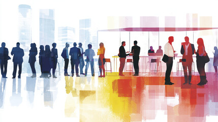 Silhouettes of business people in modern office setting, engaging in conversation and networking, creating vibrant atmosphere