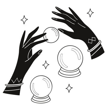 Black silhouette hands holding crystal balls with stars vector