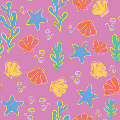 Seamless Pattern with Seashells and Seaweed Vector Illustration Hand Drawn Print textile