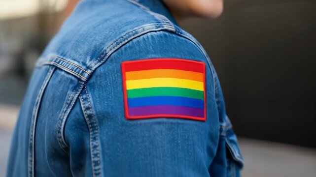 Person with rainbow flag patch on denim jacket in the city