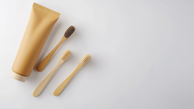 Top view image of bamboo toothbrushes and tube of natural toothpaste, promoting eco friendly dental care
