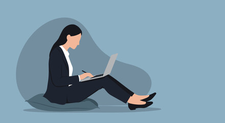 Professional woman working remotely on laptop with a stylus, sitting comfortably. Represents productivity, flexible work, and modern business lifestyle.