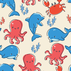 Seamless Pattern with Octopus and Dolphin Vector, Cute Sea Animals Hand Drawn Kids Summer Print textile