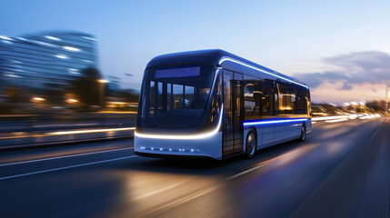 Autonomous vehicle driving on city street at dusk, showcasing modern design and technology