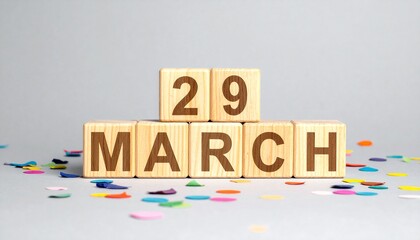 Wooden Blocks with Date 29 March. Calendar for birthday or anniversary on solid colored background with confetti