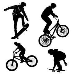 Naklejka premium Black silhouettes skateboarders and bmx riders performing tricks vector