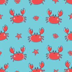 Seamless Pattern with Cute Red Crabs and Starfish Vector Illustration Kids Summer Print textile