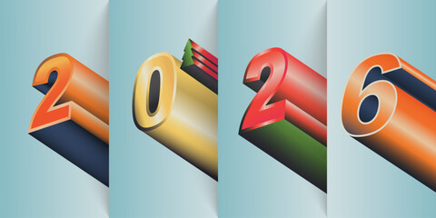 New Year 2026 3D gradient number blue banner, background, poster, card, design. Simple Template Happy New Year cover, labels isolated on colorful wallpaper.