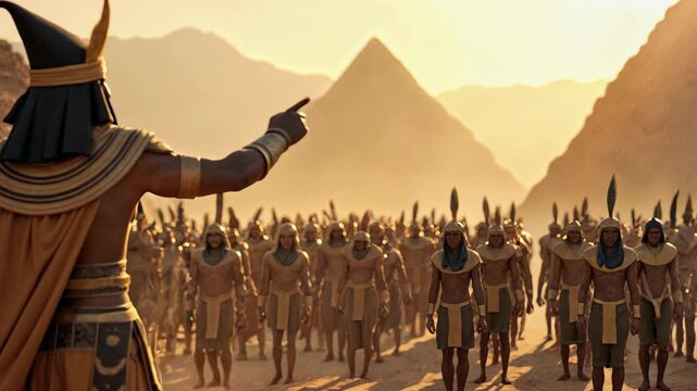 Ancient Egyptian pharaoh in golden headdress and royal armor commanding army with outstretched arm. Epic historical battle scene with desert pyramids and warrior formations.