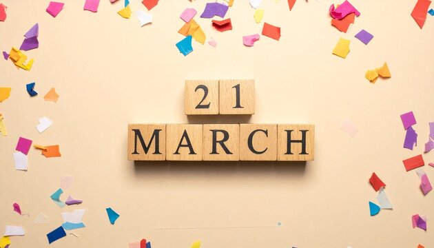 Wooden Blocks with Date 21 March. Calendar for birthday or anniversary on solid colored background with confetti