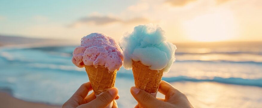 The ice cream cones held against a glowing sunset over a serene sandy beach