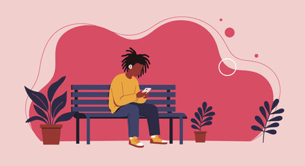 Fototapeta premium Young man with dreadlocks listening to music and using smartphone on a park bench. Represents digital communication, relaxation, and modern lifestyle.