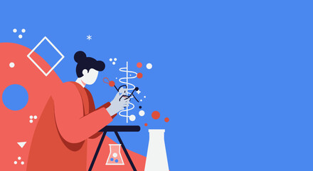 Scientist illustration conducting research, exploring genetic structures and chemical reactions in a lab. Symbolizes innovation, discovery, and scientific advancement.