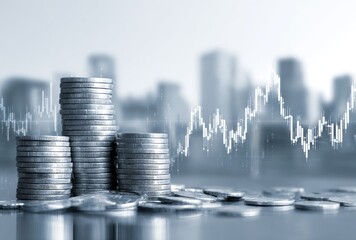 Silver coins stacked against blurred city skyline backdrop with financial chart overlay in grayscale