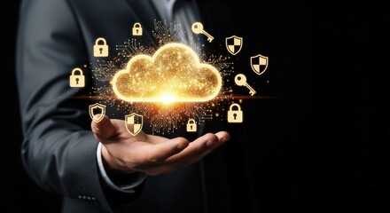 Man holds a glowing cloud surrounded by security icons in his hand concept