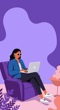 Young woman in sunglasses comfortably working on her laptop at home. Ideal for remote work, online learning, digital nomad concepts, or modern lifestyle themes.