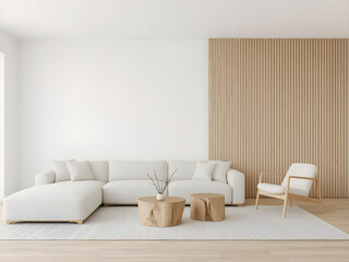 Minimalist White Living Room with Wood Slat Accent Wall