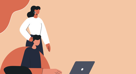 Business colleagues collaborating or mentoring in a modern office environment. Ideal for themes of teamwork, professional development, and corporate success.