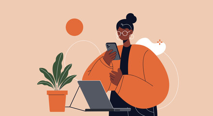 Modern woman using a smartphone and laptop, representing digital communication, remote work, or a connected lifestyle. Ideal for business, technology, or wellness themes.