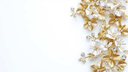 Elegant golden flowers with white petals and sparkling crystals create luxurious and glamorous design, perfect for special