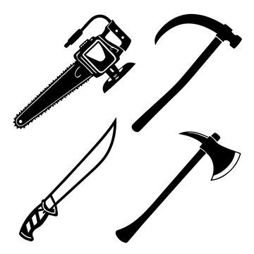 Chainsaw scythe axe machete silhouettes weapon