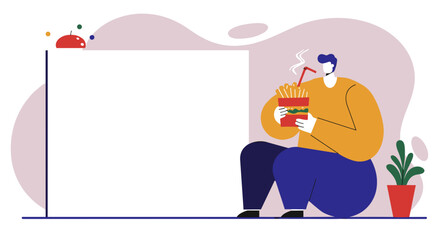Illustration of a person enjoying fast food next to a blank white board, perfect for advertising, promotions, or casual lifestyle content.