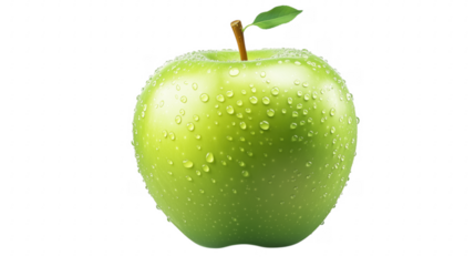 Fresh green apple with water droplets isolated on a transparent background for healthy eating