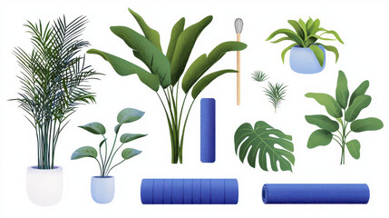 Indoor plants, yoga mats, green foliage, home decor, wellness, relaxation, fitness