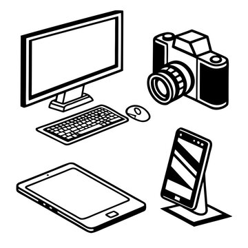 Computer monitor keyboard mouse camera tablet smartphone vector