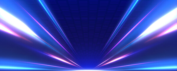 Obraz na płótnie Canvas Panoramic high-speed technology concept with abstract light trails and glowing neon colors in blue, yellow, and orange, representing the rapid motion and energy in a futuristic environment. 