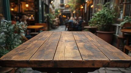 Empty wooden table in city street cafe, blurred people dining outdoors