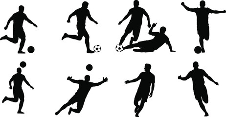 Silhouette vector illustration of football players performing actions such as kicking, dribbling, running, heading, sliding, and celebrating during game moments.