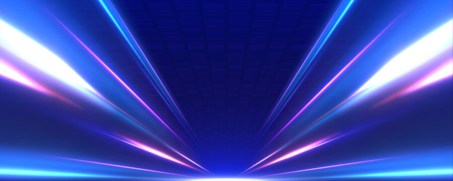 Panoramic high-speed technology concept with abstract light trails and glowing neon colors in blue, yellow, and orange, representing the rapid motion and energy in a futuristic environment.	